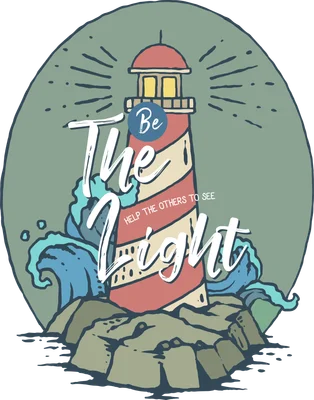Hình minh họa hải đăng sọc đỏ trắng trên đá, sóng biển và chữ 'Be The Light' truyền cảm hứng.