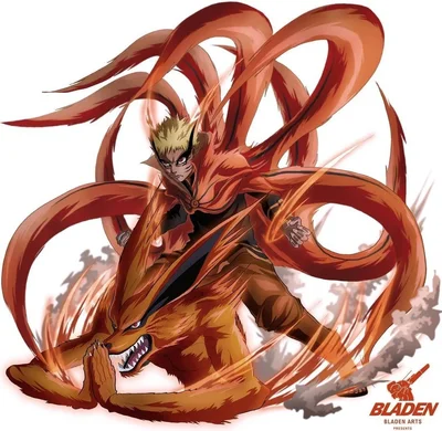 Hình ảnh Naruto trong trạng thái Cửu Vĩ Hỏa Hồ, với chín chiếc đuôi rực lửa bao quanh.