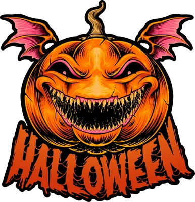 Hình ảnh minh họa bí ngô Halloween với nụ cười ma quái, đôi cánh dơi và chữ "HALLOWEEN" bên dưới.