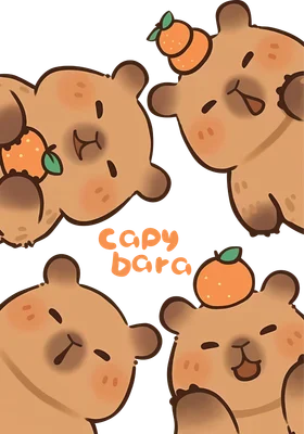 Hình vẽ hoạt hình bốn chú chuột lang nước (capybara) màu nâu dễ thương ôm và đội cam trên nền xám.