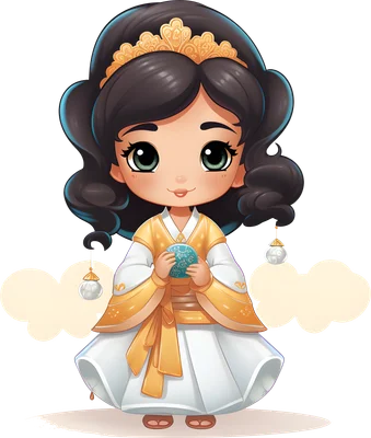 Cô gái chibi dễ thương áo dài vàng trắng, vương miện lấp lánh