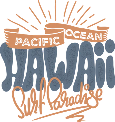 Hình in chữ Hawaii Surf Paradise với banner Pacific Ocean, phong cách vintage, màu cam và xanh trên nền xám.