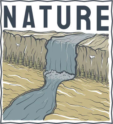 Hình minh họa thác nước chảy từ vách đá xuống sông, có cây thông và chữ NATURE ở trên