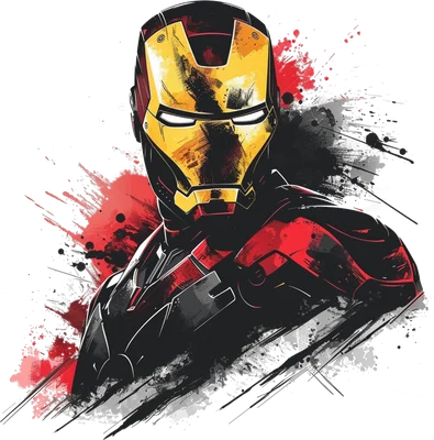 Hình minh họa Iron Man với giáp vàng đỏ đen, hiệu ứng vệt sơn graffiti trên nền xám.
