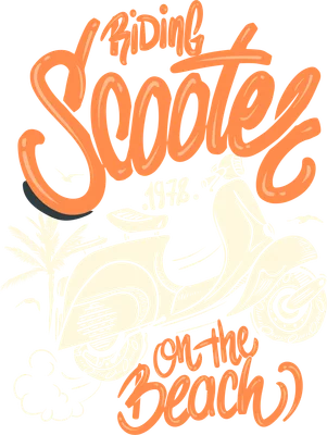 Hình minh họa xe scooter cổ điển màu kem trên nền xám, có cây cọ và chữ 'RIDING Scooter 1978. on the Beach' màu cam.