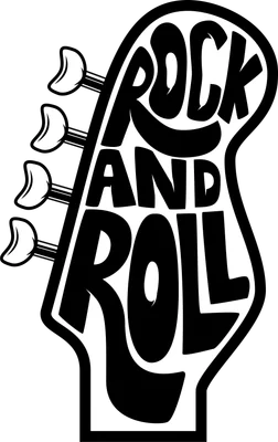 Hình ảnh logo "Rock and Roll" cách điệu trên đầu đàn guitar bass màu đen trắng.