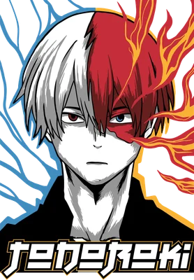 Hình ảnh nhân vật Todoroki Shoto với hai nửa mặt băng và lửa, phong cách anime.
