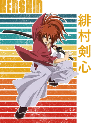 Hình ảnh Himura Kenshin, nhân vật anime samurai với tóc đỏ, mặc áo đỏ, cầm kiếm, trên nền sọc ngang màu cam, vàng, xanh.