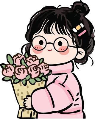 Hình vẽ cô gái chibi đeo kính, tóc búi cao, mặc áo hồng, tay cầm bó hoa hồng