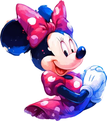 Hình ảnh Minnie Mouse hoạt hình dễ thương với nơ và váy chấm bi, phong cách màu nước sống động, nền xám.