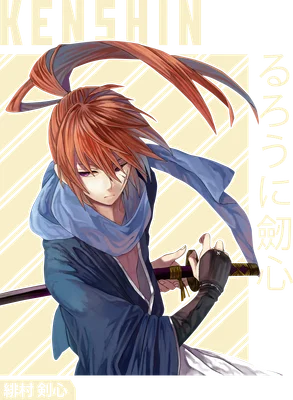 Hình ảnh Kenshin Himura, nhân vật anime với tóc đỏ buộc cao, cầm kiếm, mặc áo xanh