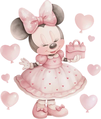 Hình ảnh Minnie Mouse hoạt hình dễ thương mặc váy hồng chấm bi trái tim, cầm túi xách nhỏ màu hồng, xung quanh có bóng bay hình trái tim màu hồng nhạt.