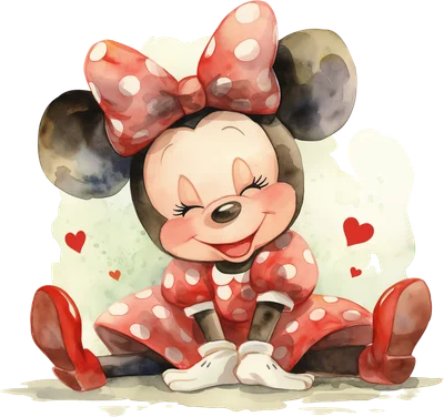 Hình ảnh Minnie Mouse hoạt hình đáng yêu ngồi cười, phong cách màu nước, váy và nơ chấm bi đỏ, có trái tim nhỏ