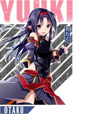 Hình ảnh anime cô gái Yuki Konno với mái tóc tím, mắt đỏ, trang phục chiến binh, phong cách fantasy.