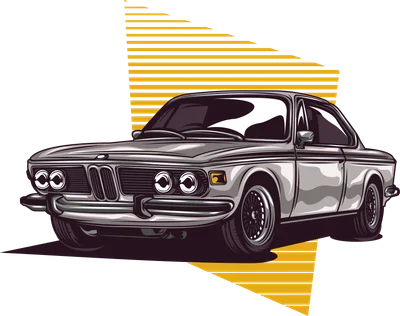 Hình minh họa xe cổ BMW E9 3.0 CS màu bạc với phong cách retro, có họa tiết sọc vàng phía sau.