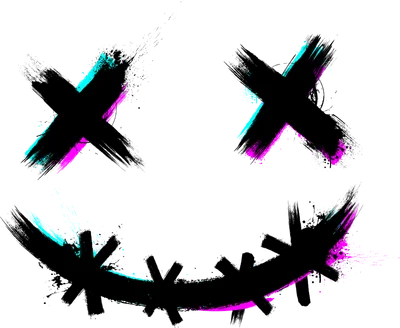 Hình ảnh mặt cười vẽ bằng nét cọ đen với hiệu ứng glitch màu xanh và hồng, phong cách graffiti.
