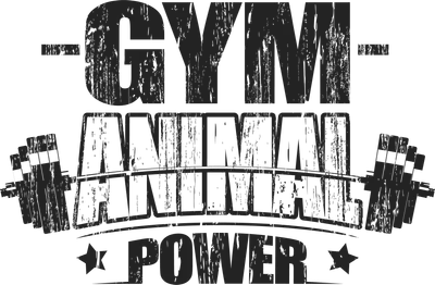 Hình ảnh chữ "GYM ANIMAL POWER" với biểu tượng tạ đòn, phong cách vintage, màu đen trên nền xám.