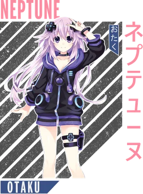 Hình ảnh cô gái anime tóc tím dài, mặc áo hoodie đen tím, đeo tai nghe, biểu cảm dễ thương, có chữ NEPTUNE và OTKU.