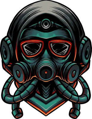 Hình ảnh mặt nạ khí gas màu xanh ngọc bích và đen, viền đỏ neon, phong cách cyberpunk.