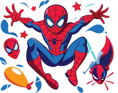 Hình ảnh Spider-Man đang trong tư thế hành động, với các yếu tố trang trí như mặt nạ, bóng bay và ngôi sao.