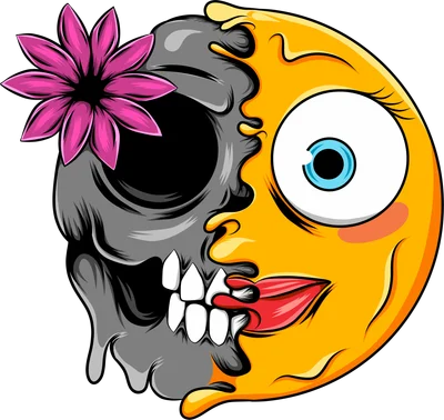 Hình ảnh mặt cười emoji tan chảy một nửa kết hợp với đầu lâu màu xám, có hoa hồng tím trên đầu lâu.