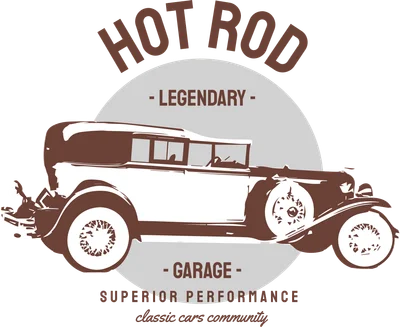 Hình minh họa xe cổ Hot Rod màu nâu trắng trên nền xám, với các dòng chữ 'HOT ROD - LEGENDARY - GARAGE - SUPERIOR PERFORMANCE classic cars community'.