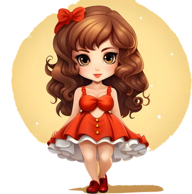 Hình minh họa cô gái chibi dễ thương với mái tóc xoăn nâu, váy đỏ và nơ đỏ, đứng trước nền vàng nhạt.