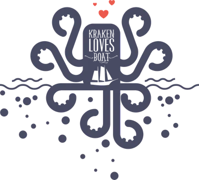 Hình minh họa bạch tuộc Kraken màu xanh tím với dòng chữ 'Kraken Loves Boat' và hai trái tim đỏ, bên dưới là thuyền buồm và bong bóng nước.