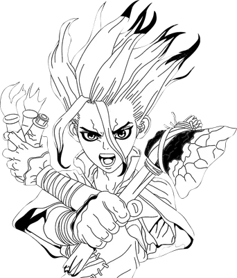 Hình vẽ nhân vật Senku Ishigami từ anime Dr. Stone, tay cầm vũ khí đá và dụng cụ, biểu cảm quyết tâm.