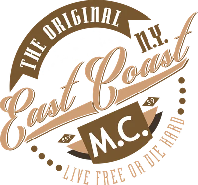 Thiết kế logo East Coast MC phong cách retro vintage với các dòng chữ và biểu tượng đặc trưng.