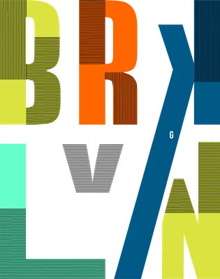 Thiết kế typography chữ Brooklyn Bridge New York City với các khối màu và họa tiết sọc độc đáo trên nền xám.