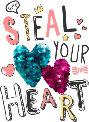 Thiết kế chữ Steal Your Heart với họa tiết trái tim sequin xanh và hồng phong cách dễ thương