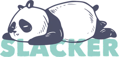 Hình vẽ gấu trúc màu xám và xanh đậm nằm dài, chữ "SLACKER" màu xanh ngọc bên dưới.