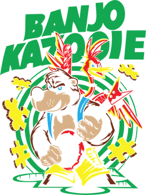 Hình ảnh Banjo và Kazooie, gấu chơi đàn banjo, chim Kazooie bên cạnh, xung quanh có mảnh ghép puzzle.