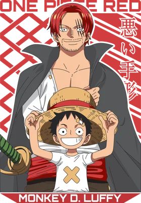 Hình ảnh Shanks và Luffy Monkey D. từ One Piece Red, Luffy đội mũ rơm.