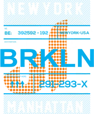 Hình in typography với chữ NEW YORK, BRKLN, MANHATTAN màu trắng và xanh trên nền xám, kết hợp họa tiết chấm tròn cam và đường kẻ xanh.