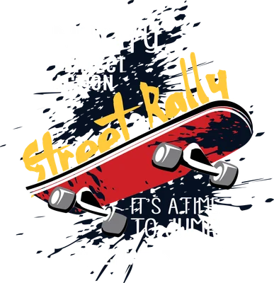 Hình ảnh ván trượt màu đỏ với chữ Street Rally vàng, nền xám và vết sơn bắn tung tóe, phong cách đường phố.