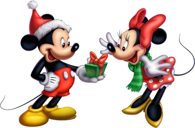 Mickey Mouse đội mũ Noel tặng quà cho Minnie Mouse quàng khăn xanh, cả hai chuột hoạt hình Disney đang cười vui vẻ trong không khí Giáng sinh.