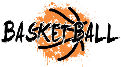 Chữ "Basketball" viết tay phong cách graffiti màu đen với viền trắng, nằm trên hình ảnh cách điệu của một quả bóng rổ màu cam với các vệt sơn đổ, trên nền xám.