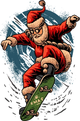 Hình minh họa ông già Noel đeo kính râm đang trượt ván phong cách hoạt hình đường phố