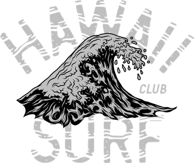 Hình minh họa sóng biển lớn màu đen trắng với chữ 'HAWAII SURF CLUB' phong cách vintage trên nền xám.