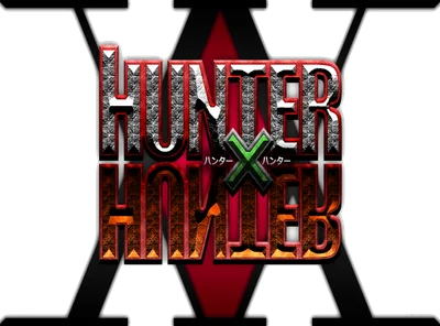 Logo Hunter x Hunter với hiệu ứng kim loại, chữ đỏ và đen nổi bật trên nền xám có họa tiết chữ X.