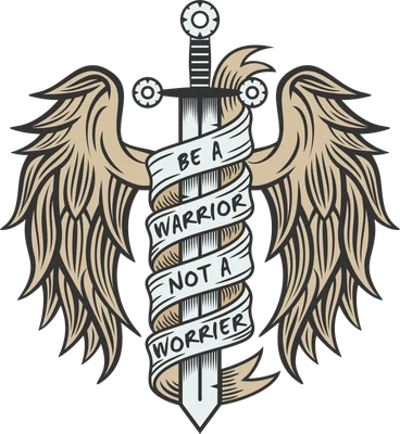Hình ảnh minh họa kiếm có cánh với dải băng ghi "Be a warrior not a worrier"