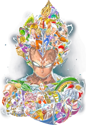Hình ảnh tập hợp nhiều nhân vật Dragon Ball, với Vegeta ở trung tâm, bao quanh bởi các nhân vật khác.