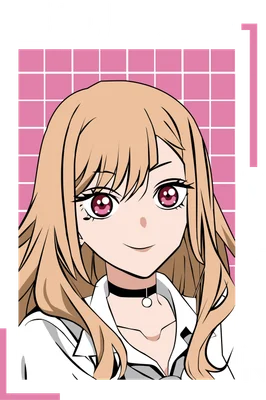 Hình ảnh Kitagawa Marin, nhân vật anime với mái tóc vàng, mắt hồng và nụ cười tươi, mặc áo sơ mi trắng.