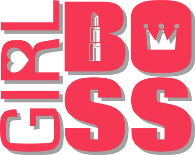 Chữ 'GIRL BOSS' màu hồng nổi bật trên nền xám, chữ 'I' thay bằng thỏi son, chữ 'O' thay bằng vương miện.