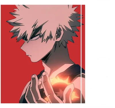 Hình ảnh anime nhân vật Katsuki Bakugo với mái tóc vàng nhọn, biểu cảm nghiêm nghị, tay phát sáng.