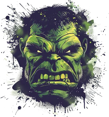 Hình minh họa đầu Hulk màu xanh lá cây giận dữ với hiệu ứng splatter art và nền xám.