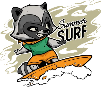 Hình minh họa gấu mèo dễ thương đang lướt sóng với dòng chữ Summer Surf