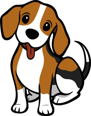 Hình vẽ chú chó Beagle màu nâu trắng đen, đang ngồi với lưỡi thè ra, trông rất đáng yêu và tinh nghịch.